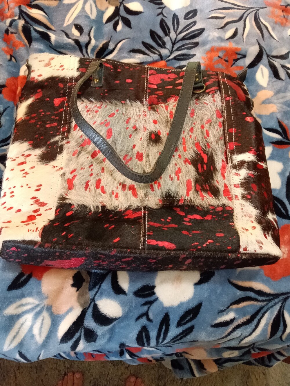 Leather Patchwork Tote Bag in Black, White & Pink
